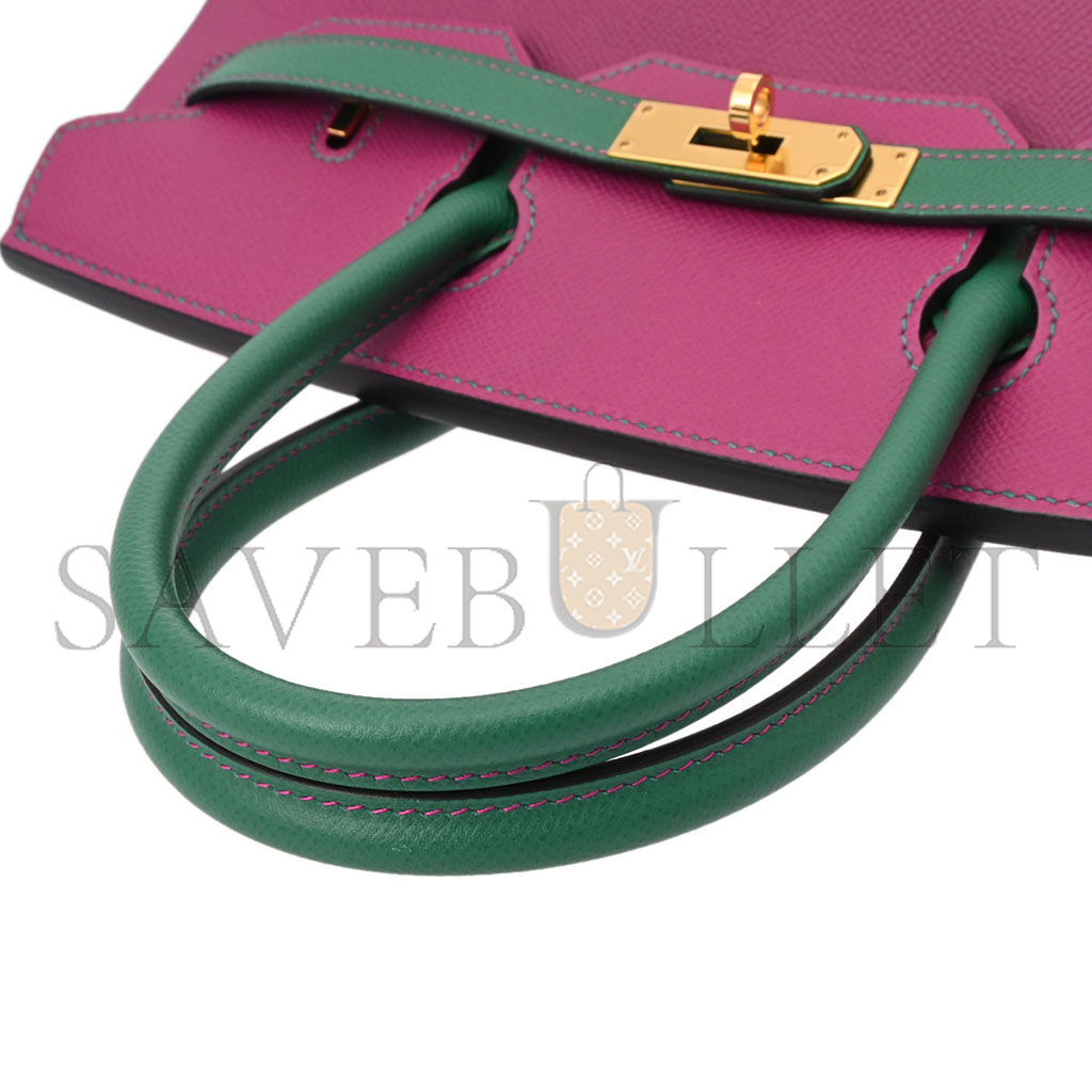 HERMÈS BIRKIN 30 EPSOM ROSE PURPLE WITH VELVET GREEN GOLD BUCKLE 618740 (30*23*15cm)